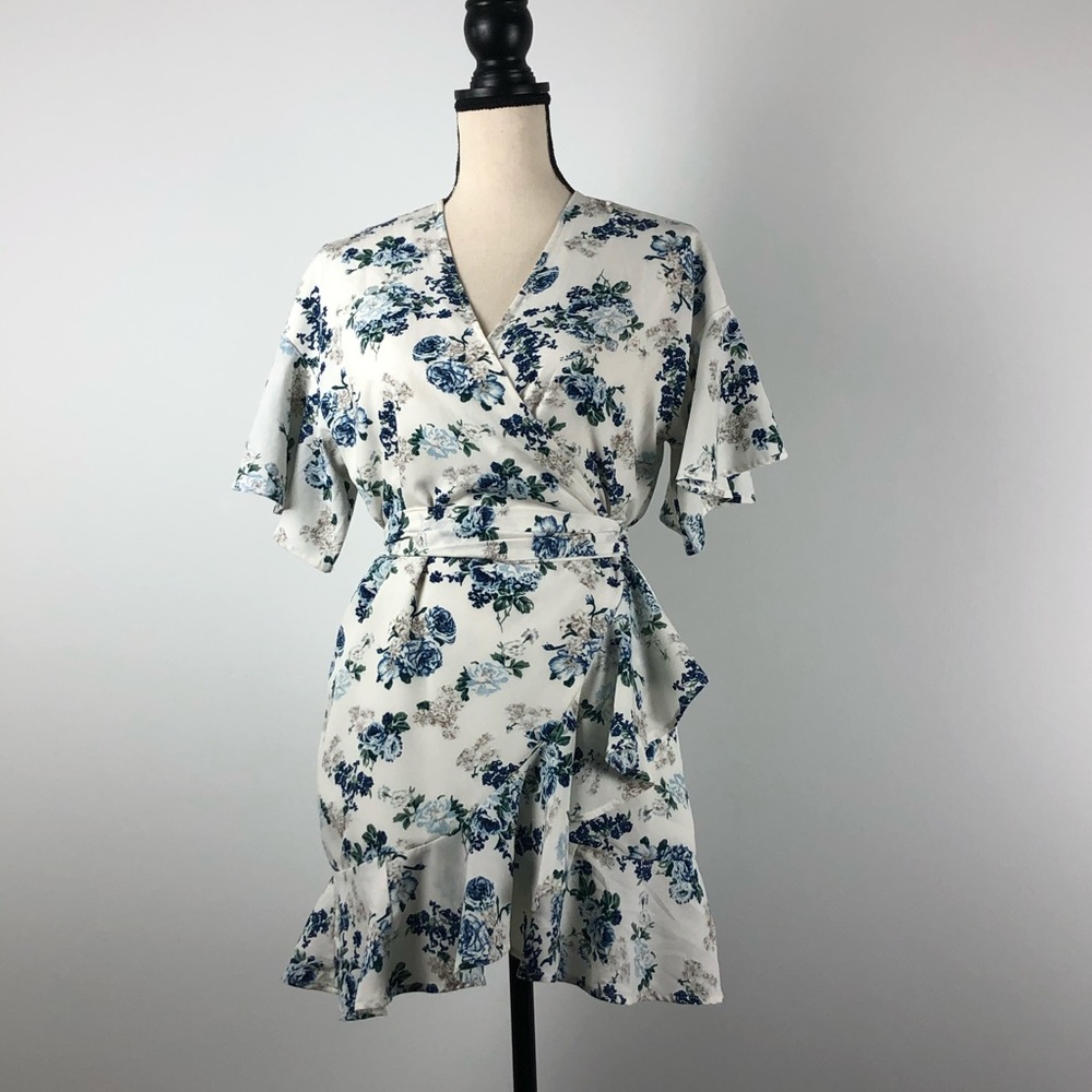 White Wrap Dress with Blue Blossoms